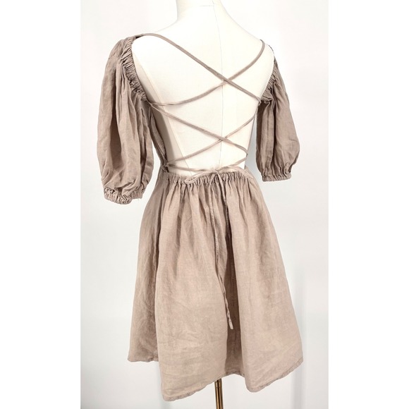 Mie Mini Gozo Dress Sz S Beige Linen Puff Sleeve Strappy Open Back Minimalist - Picture 6 of 13